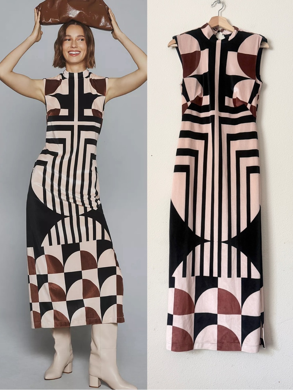 By Anthropologie XS Sleeveless mock neck column geometric print midi dress